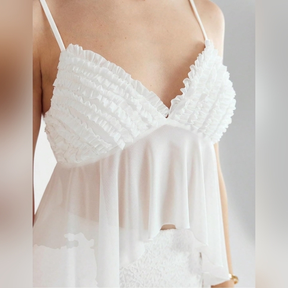 Women's Romantic Beachy Flowy Ruffle Sheer Cami Bra Top Spaghetti Straps, White - Picture 1 of 10